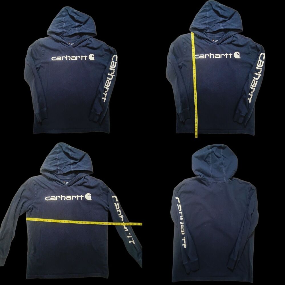 Carhartt Blue Long Sleeve Hooded T-Shirt Unisex Kids Size Large 14-16 Cotton